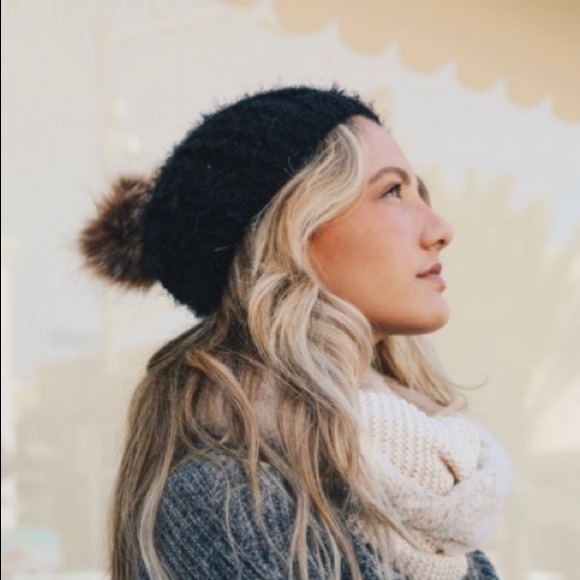 Faux Mohair Pom Pom Beanie, Black, Ultra Soft - Picture 3 of 4
